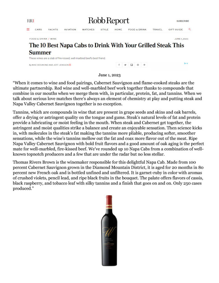 Wallis Wine Top 10 in the Robb Report Wallis Estate